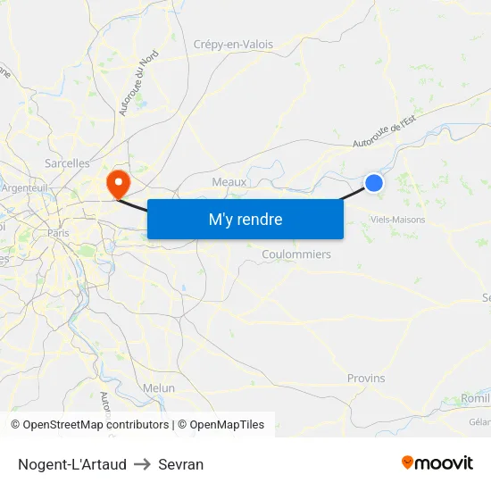 Nogent-L'Artaud to Sevran map