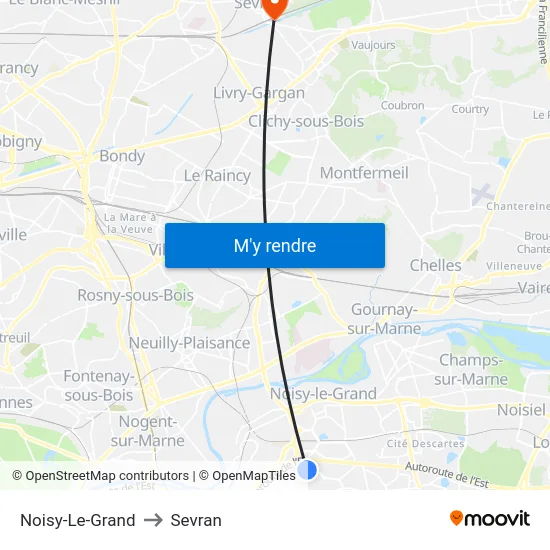 Noisy-Le-Grand to Sevran map