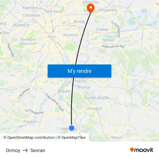 Ormoy to Sevran map