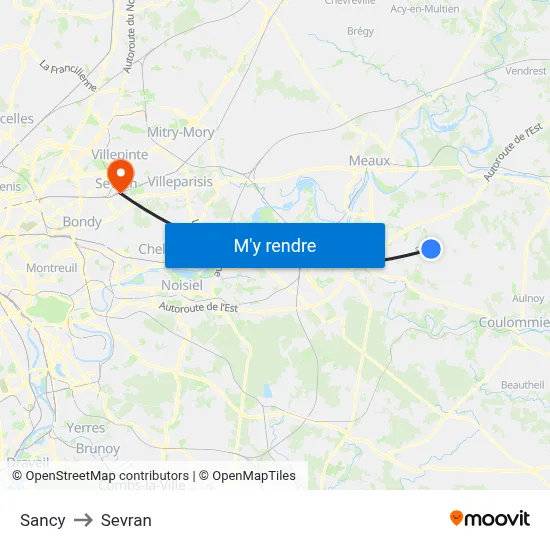 Sancy to Sevran map