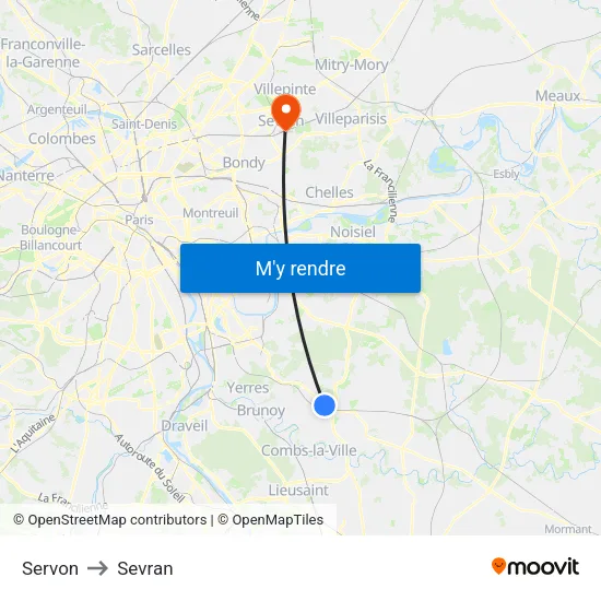 Servon to Sevran map