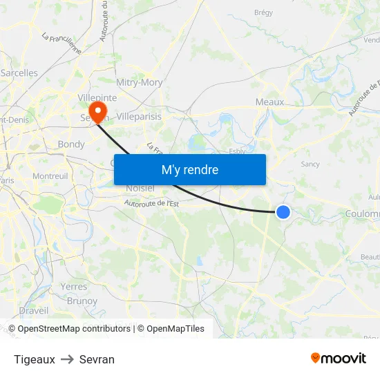 Tigeaux to Sevran map