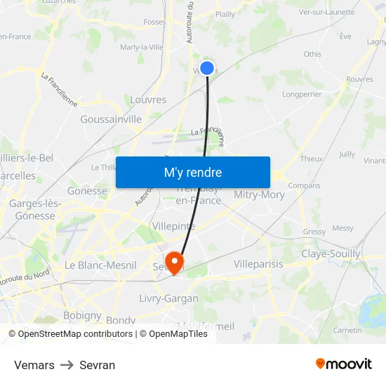 Vemars to Sevran map