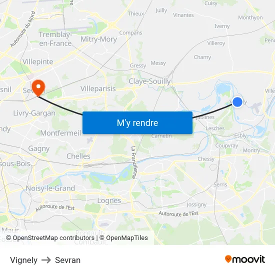 Vignely to Sevran map