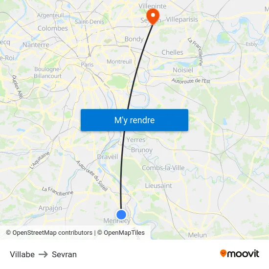 Villabe to Sevran map