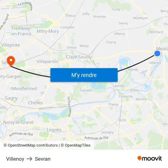 Villenoy to Sevran map