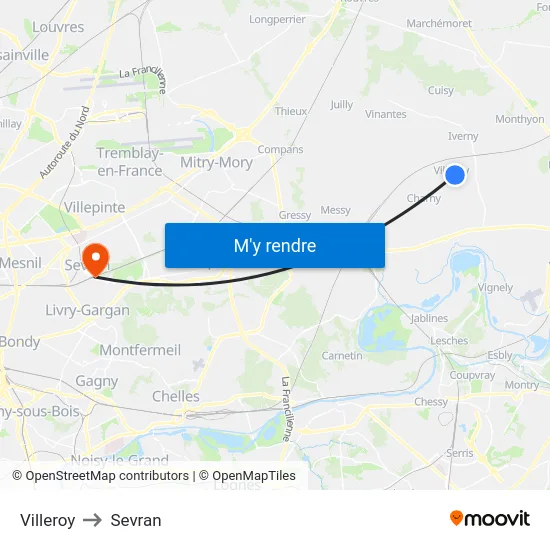 Villeroy to Sevran map