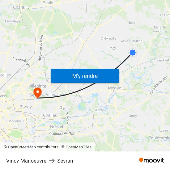 Vincy-Manoeuvre to Sevran map