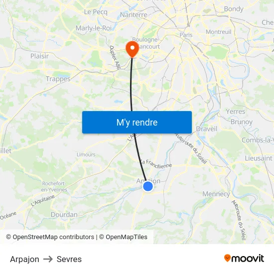 Arpajon to Sevres map