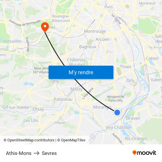 Athis-Mons to Sevres map