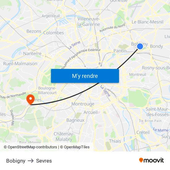 Bobigny to Sevres map