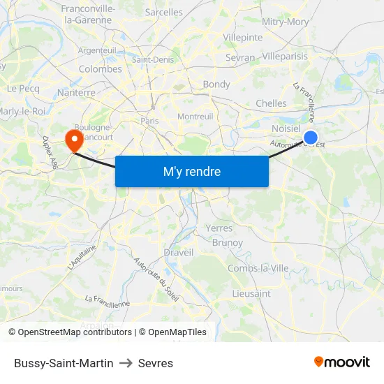 Bussy-Saint-Martin to Sevres map
