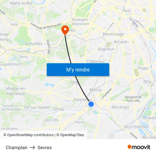 Champlan to Sevres map