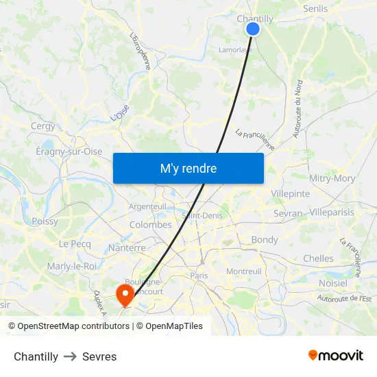 Chantilly to Sevres map