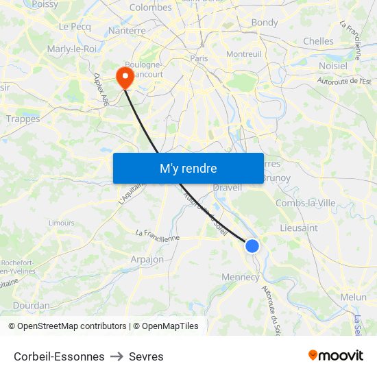 Corbeil-Essonnes to Sevres map