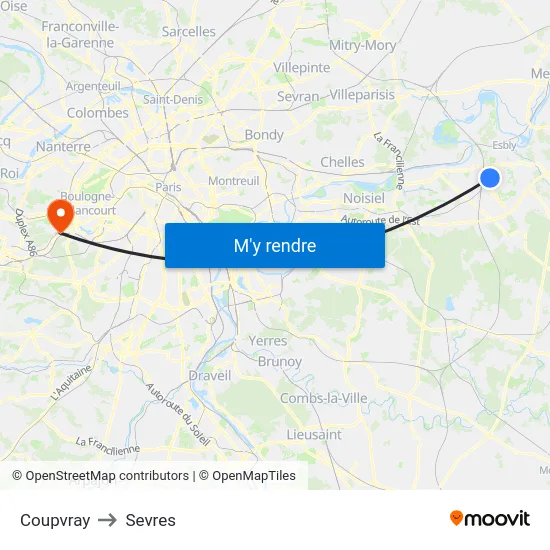 Coupvray to Sevres map