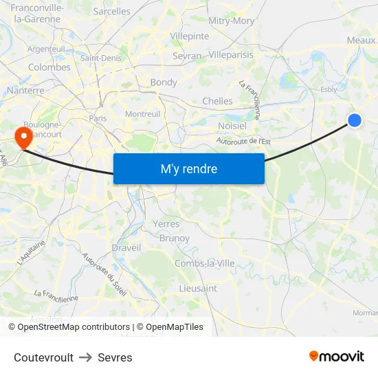 Coutevroult to Sevres map