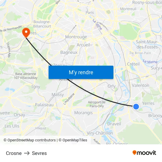 Crosne to Sevres map