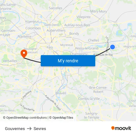 Gouvernes to Sevres map