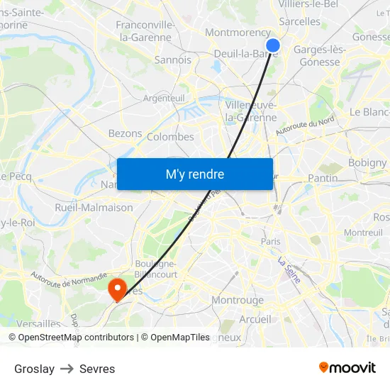 Groslay to Sevres map