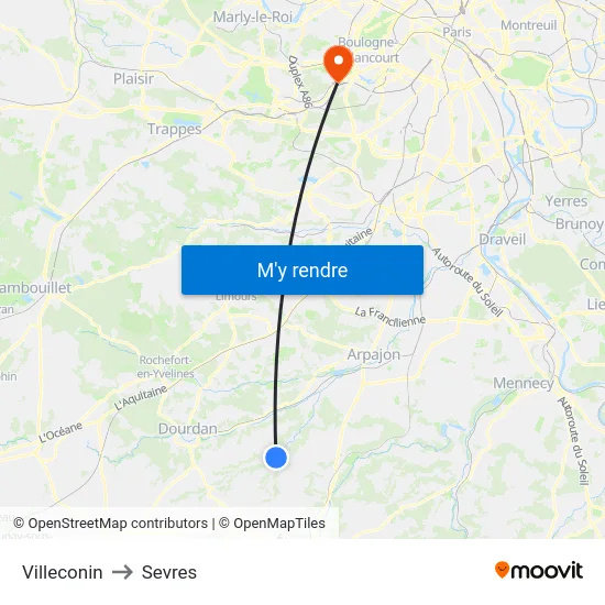 Villeconin to Sevres map