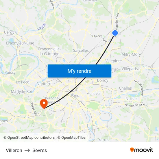 Villeron to Sevres map