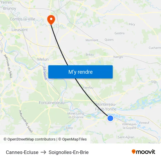 Cannes-Ecluse to Soignolles-En-Brie map