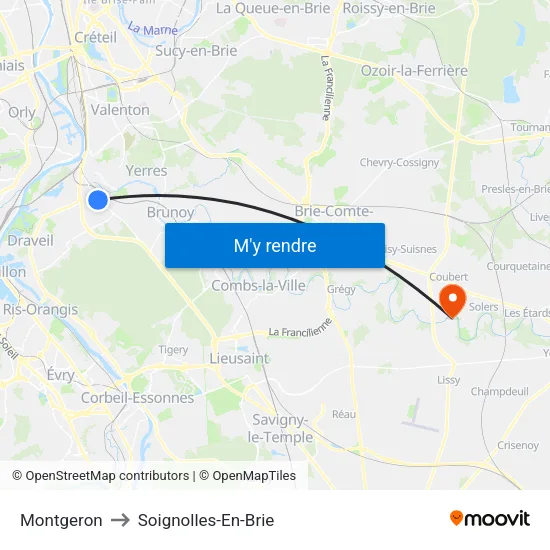 Montgeron to Soignolles-En-Brie map