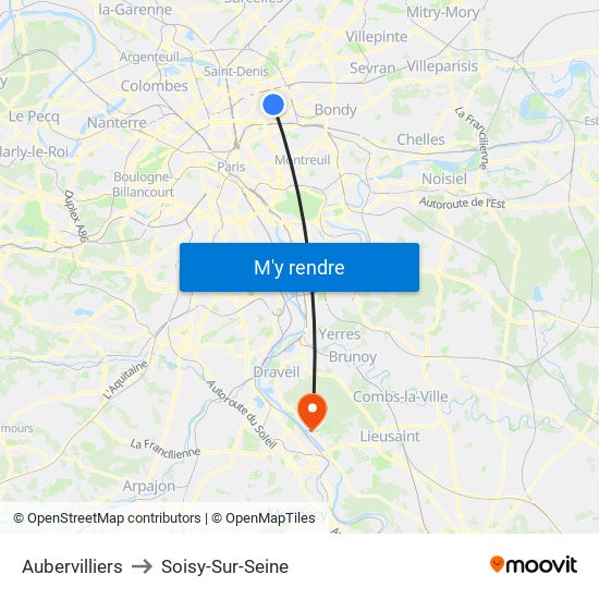 Aubervilliers to Soisy-Sur-Seine map