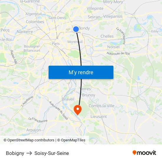 Bobigny to Soisy-Sur-Seine map