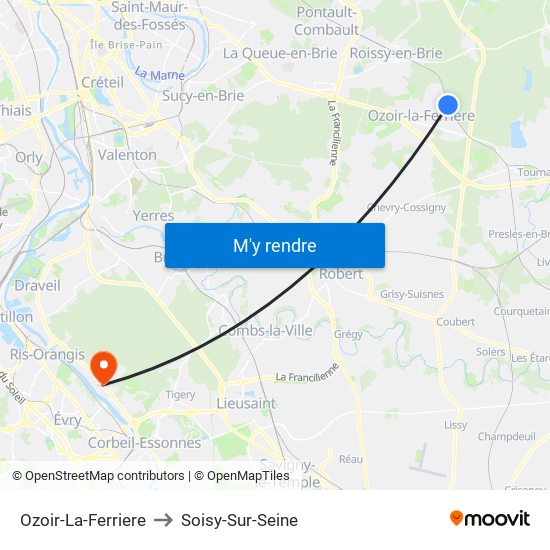 Ozoir-La-Ferriere to Soisy-Sur-Seine map