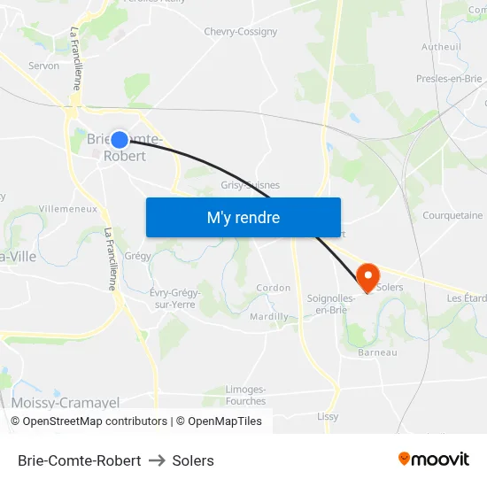 Brie-Comte-Robert to Solers map