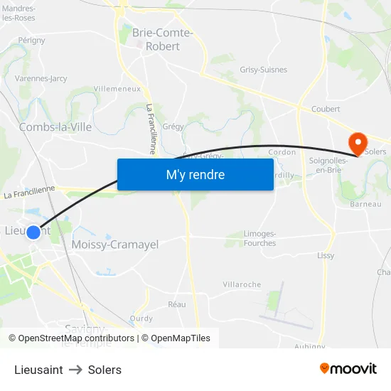 Lieusaint to Solers map