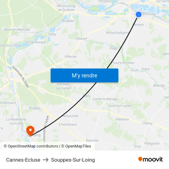 Cannes-Ecluse to Souppes-Sur-Loing map