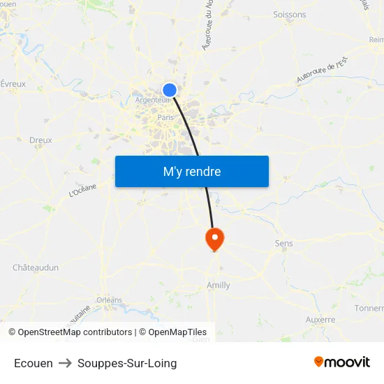 Ecouen to Souppes-Sur-Loing map