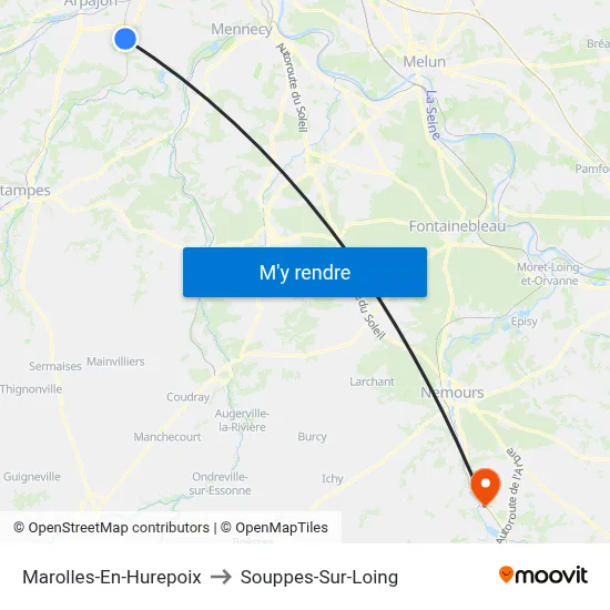 Marolles-En-Hurepoix to Souppes-Sur-Loing map