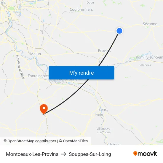 Montceaux-Les-Provins to Souppes-Sur-Loing map