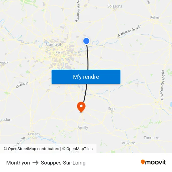 Monthyon to Souppes-Sur-Loing map