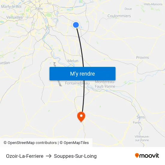 Ozoir-La-Ferriere to Souppes-Sur-Loing map