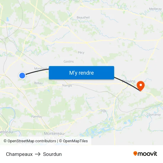 Champeaux to Sourdun map