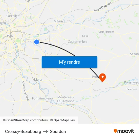 Croissy-Beaubourg to Sourdun map