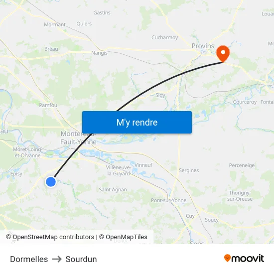 Dormelles to Sourdun map