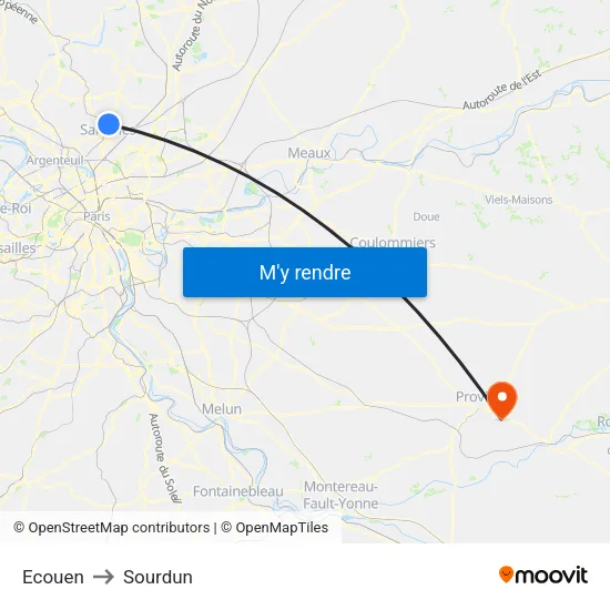 Ecouen to Sourdun map