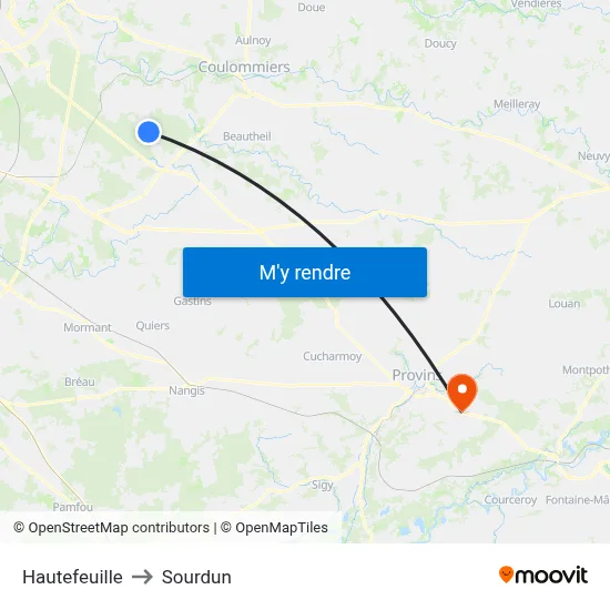 Hautefeuille to Sourdun map