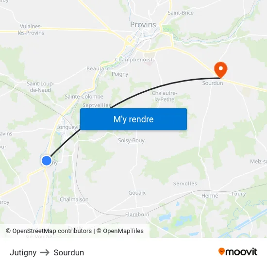 Jutigny to Sourdun map