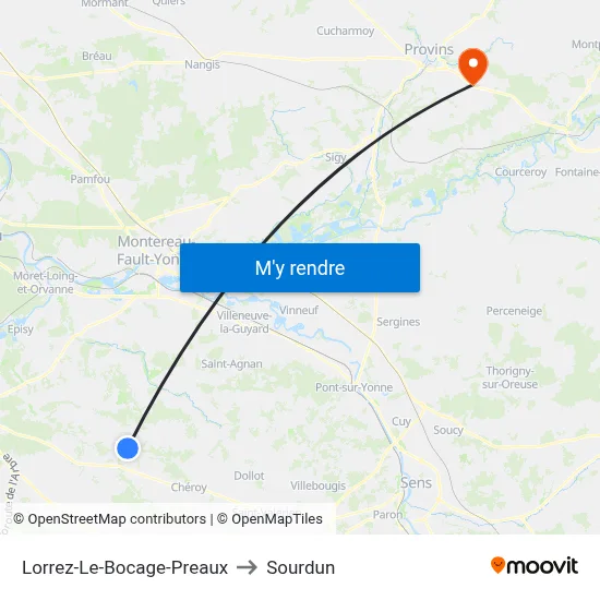 Lorrez-Le-Bocage-Preaux to Sourdun map