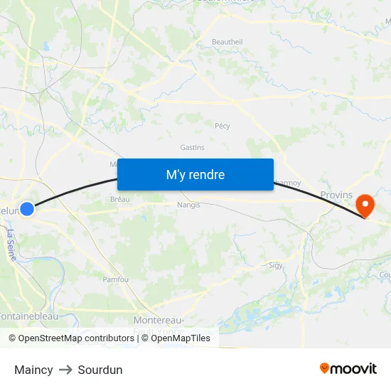 Maincy to Sourdun map