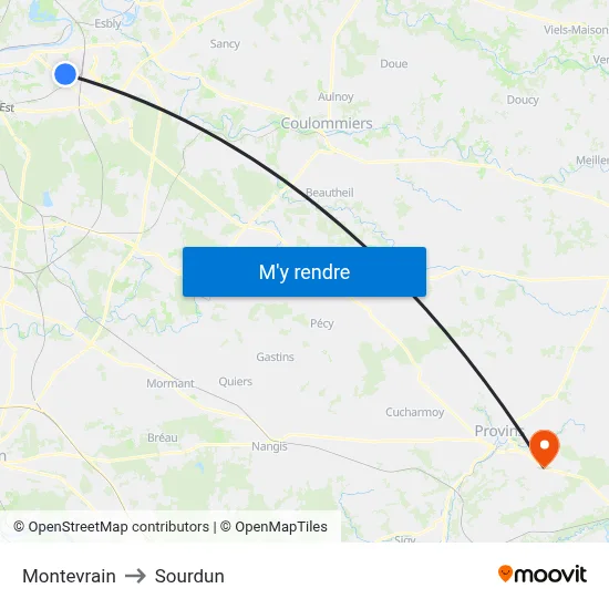 Montevrain to Sourdun map