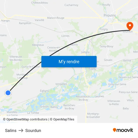 Salins to Sourdun map