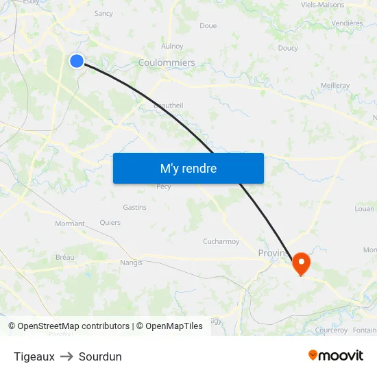 Tigeaux to Sourdun map